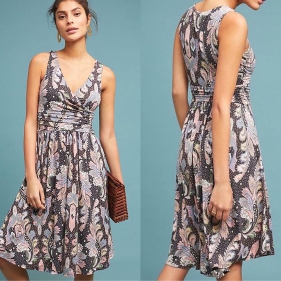 Anthropologie Maeve Midi Dress Leslie Stretch Knit Sleeveless Black Paisley Sz S - Picture 1 of 13